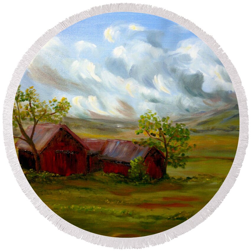 Landscape Round Beach Towel featuring the painting Shelter from the Storm by Meaghan Troup