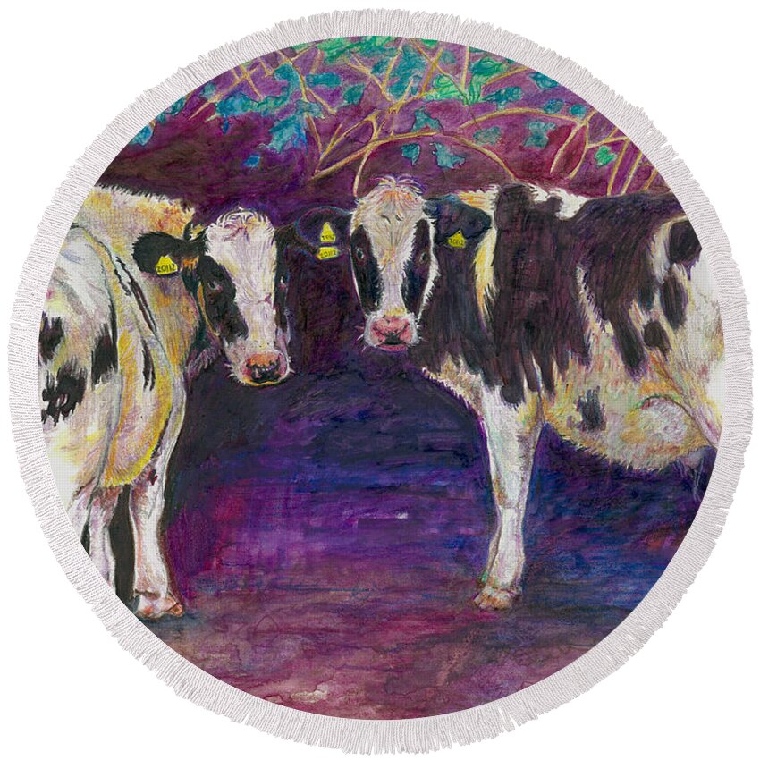 Cow Round Beach Towel featuring the painting Sheltering cows by Helen White