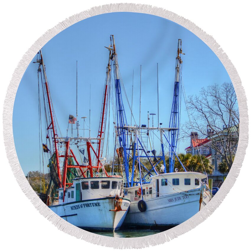 Scenic Round Beach Towel featuring the photograph Shem Creek Shrimp Boats by Kathy Baccari