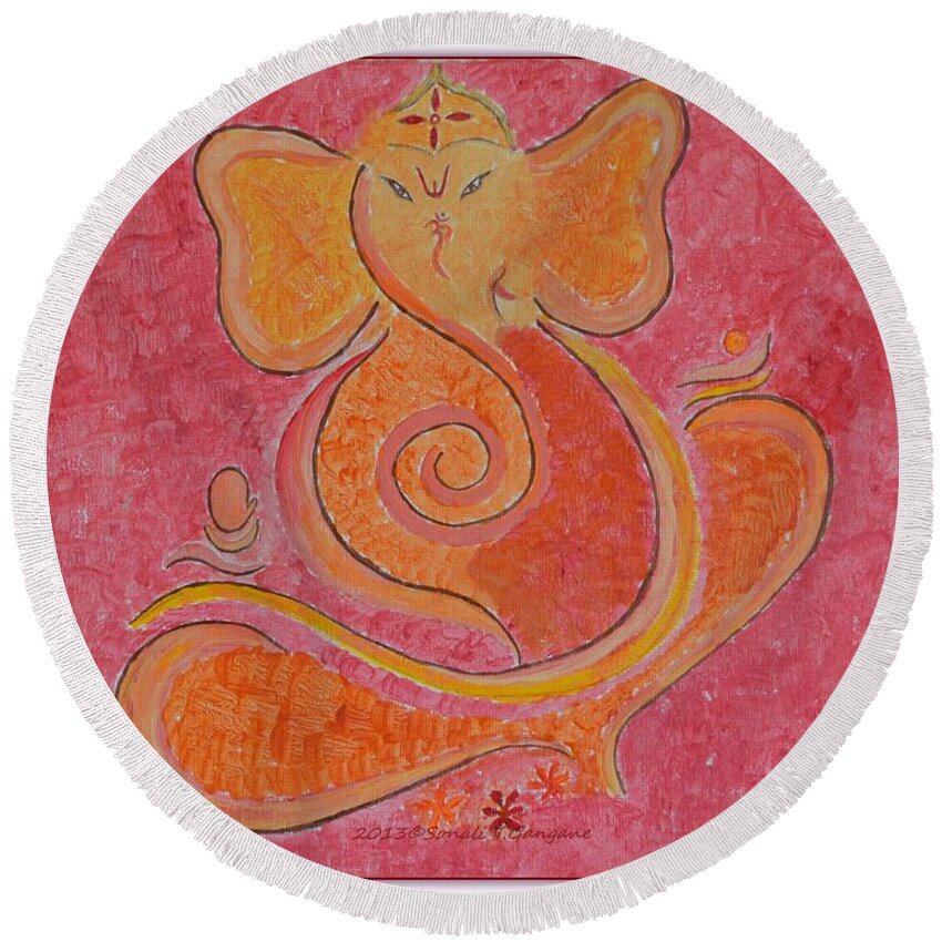 Shree Ganesh Round Beach Towel featuring the painting Shree Ganesh by Sonali Gangane