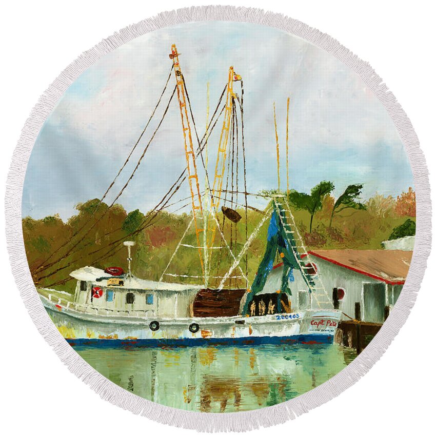 Shrimp Boat Round Beach Towel featuring the painting Shrimp Boat at Dock by Jill Ciccone Pike