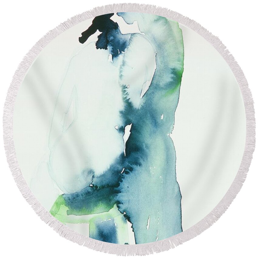 Nude Round Beach Towel featuring the painting Shy by Sherry Harradence