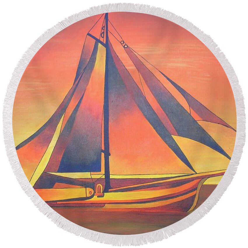 Sailboat Round Beach Towel featuring the painting Sienna Sails At Sunset by Taiche Acrylic Art