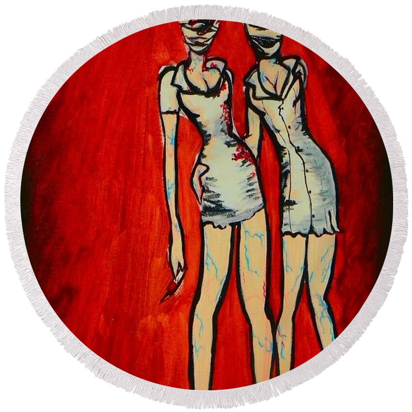 Art Round Beach Towel featuring the painting Silent Hill Nurses by Marisela Mungia