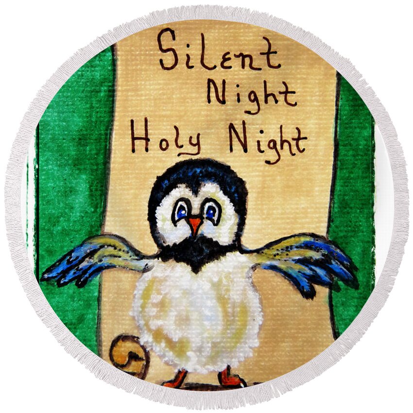 Christmas Round Beach Towel featuring the painting Silent Night - Whimsical Chickadee Choir Director by Ella Kaye Dickey