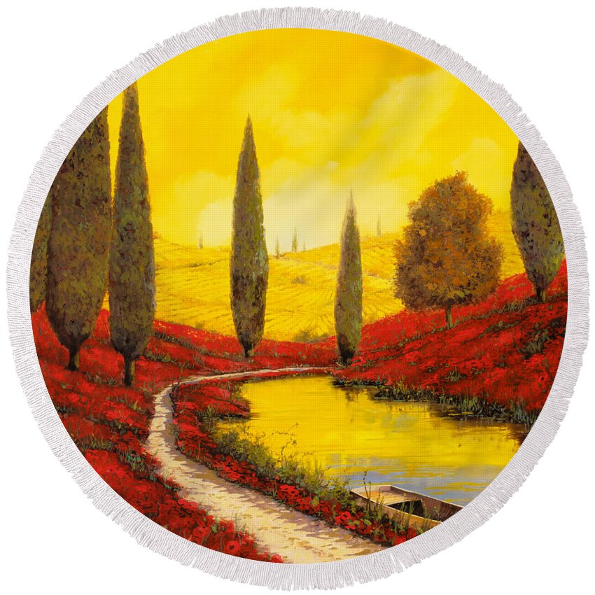 Sunset Round Beach Towel featuring the painting Silenzio Tra I Cipressi by Guido Borelli