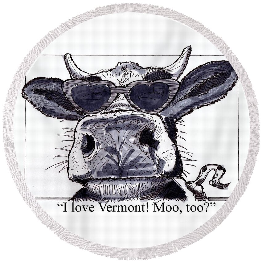 Cow Round Beach Towel featuring the drawing Silly Cow From Vermont by Richard Wambach