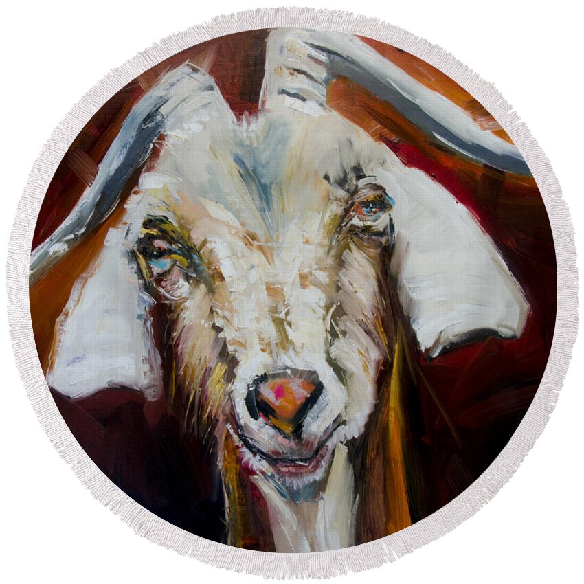 Diane Whitehead Goat Art Round Beach Towel featuring the painting Silly Goat by Diane Whitehead