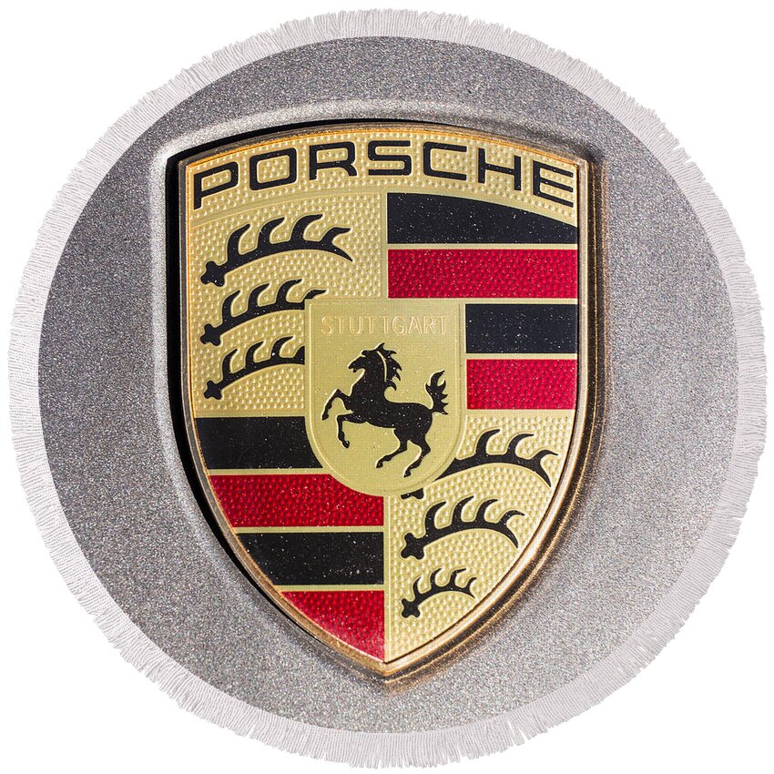 Porsche Emblem Round Beach Towel featuring the photograph Silver and Gold Porsche 911 Emblem by Robert Loe