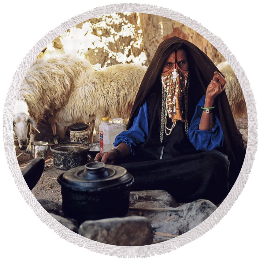 Heiko Round Beach Towel featuring the photograph Sinai Bedouin Woman in her Kitchen by Heiko Koehrer-Wagner
