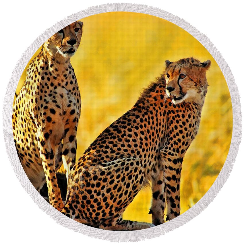 Watercolor Round Beach Towel featuring the painting Sister Cheetahs by Dean Wittle