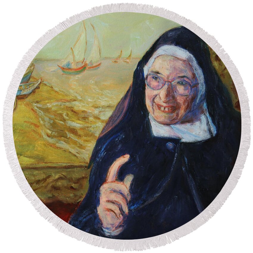 Sister Wendy Round Beach Towel featuring the painting Sister Wendy by Xueling Zou