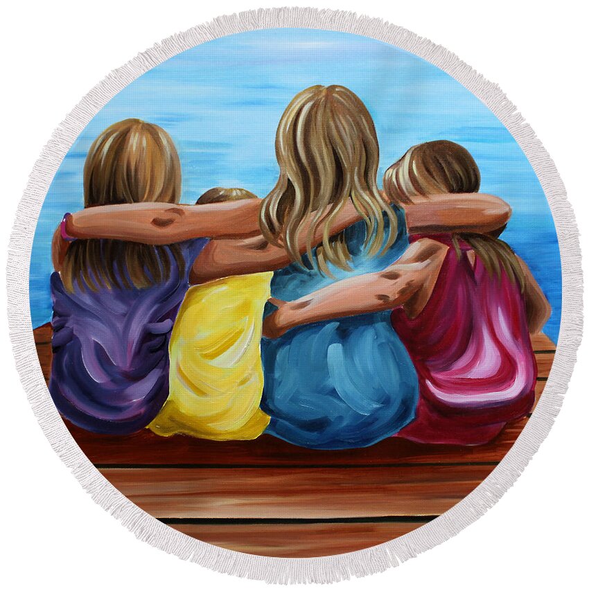 Pier Round Beach Towel featuring the painting Sisters by Debbie Hart