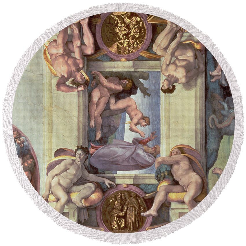 Sistine Chapel Ceiling 1508 12 The Creation Of Eve 1510 Fresco Post Restoration Round Beach Towel