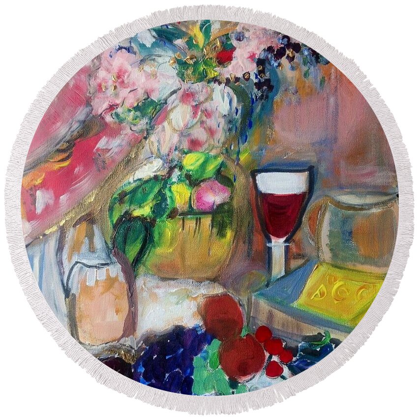 Fruit Round Beach Towel featuring the painting Sit down to cheese and fruit by Judith Desrosiers