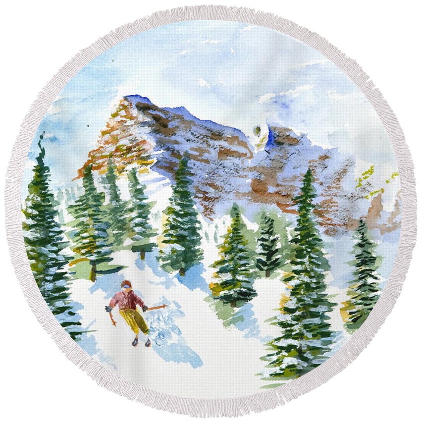 Skier Round Beach Towel featuring the painting Skier in the Trees by Walt Brodis