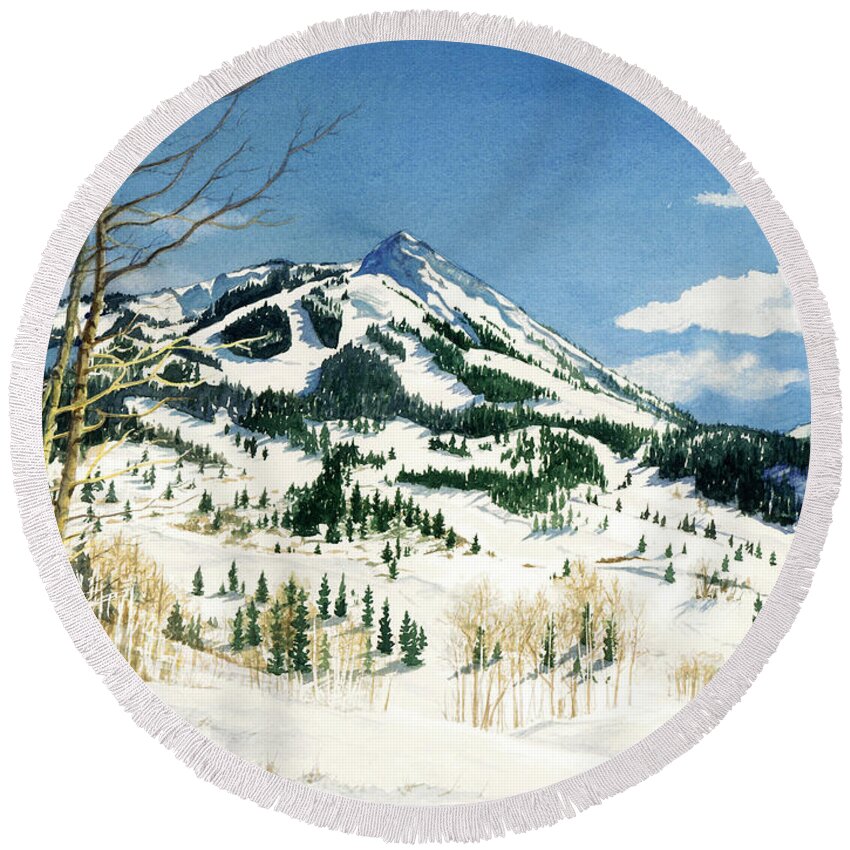 Water Color Paintings Round Beach Towel featuring the painting Skiers Paradise by Barbara Jewell