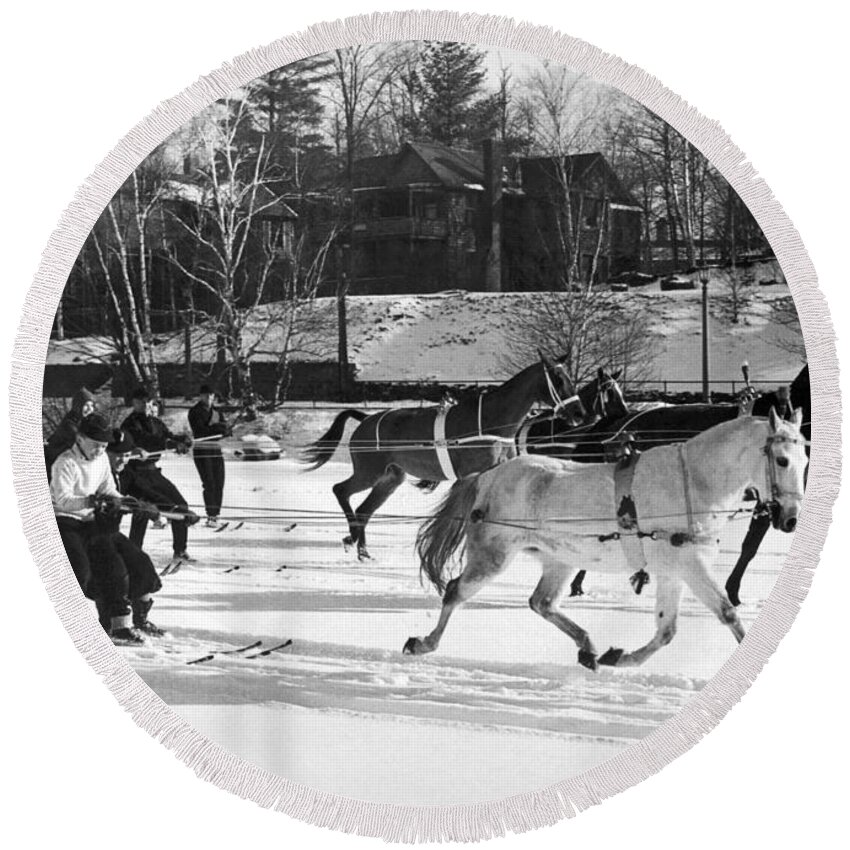 1936 Round Beach Towel featuring the photograph Skijoring At Lake Placid by Underwood Archives