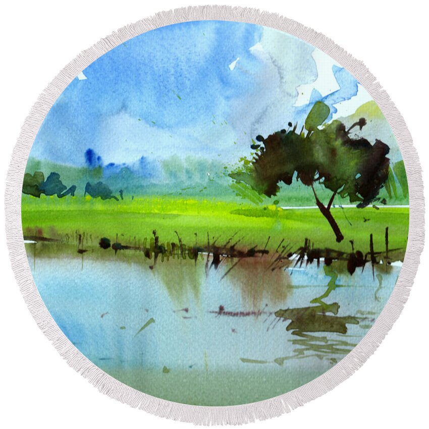 Nature Round Beach Towel featuring the painting Sky N Farmland by Anil Nene