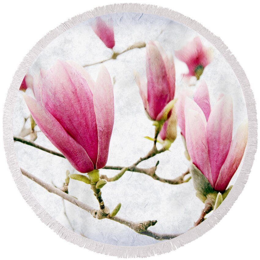 Magnolia Round Beach Towel featuring the photograph Skyward Magnolia Painterly 2 by Andee Design