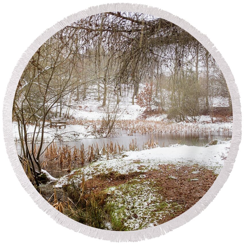 Cannock Chase Round Beach Towel featuring the photograph Small Lake in the Snow by Ann Garrett