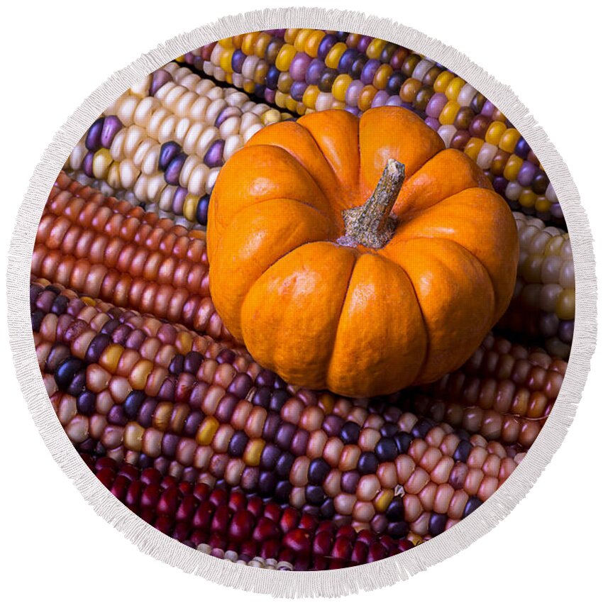 Small Round Beach Towel featuring the photograph Small pumpkin with Indian corn by Garry Gay
