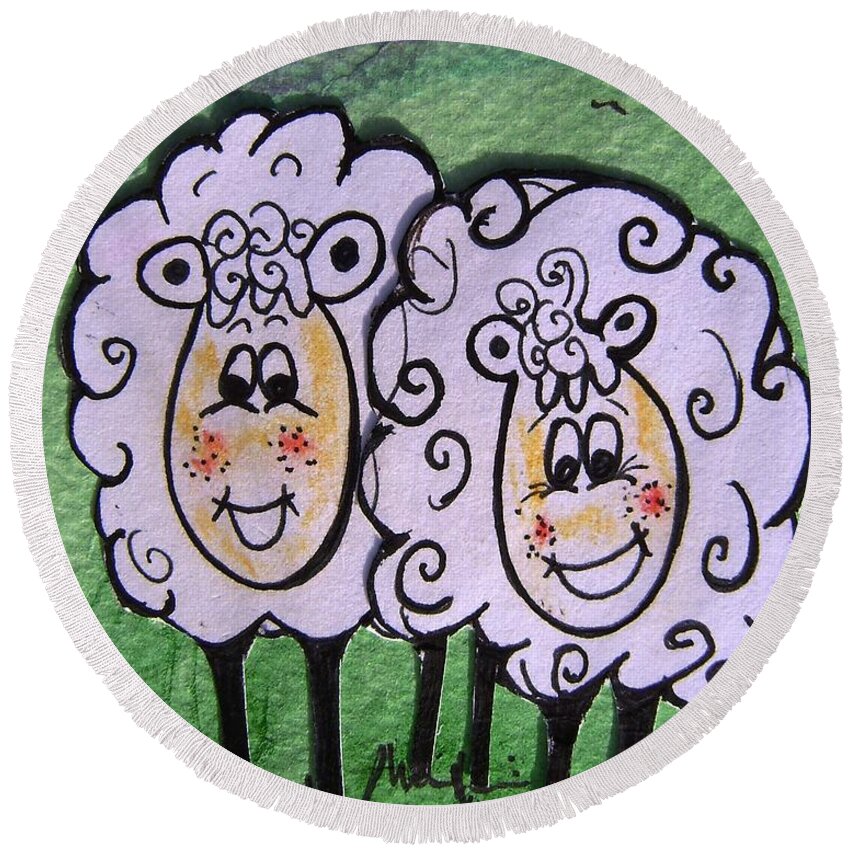 Sheep Round Beach Towel featuring the painting Ewe and me smiling by Mary Cahalan Lee - aka PIXI