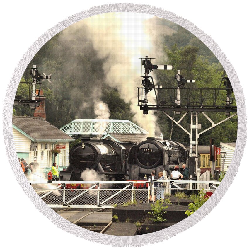 Railways Round Beach Towel featuring the photograph Smoke And Steam by Richard Denyer