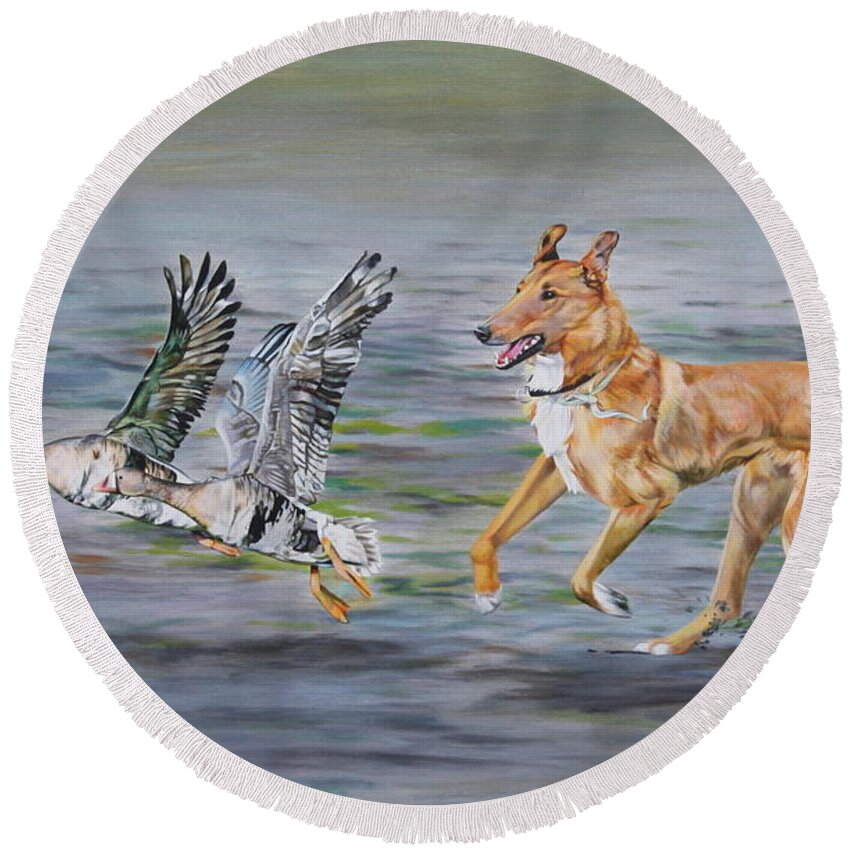 Dog Round Beach Towel featuring the painting Smooth Collie Trying to Herd Geese by Michelle Miron-Rebbe