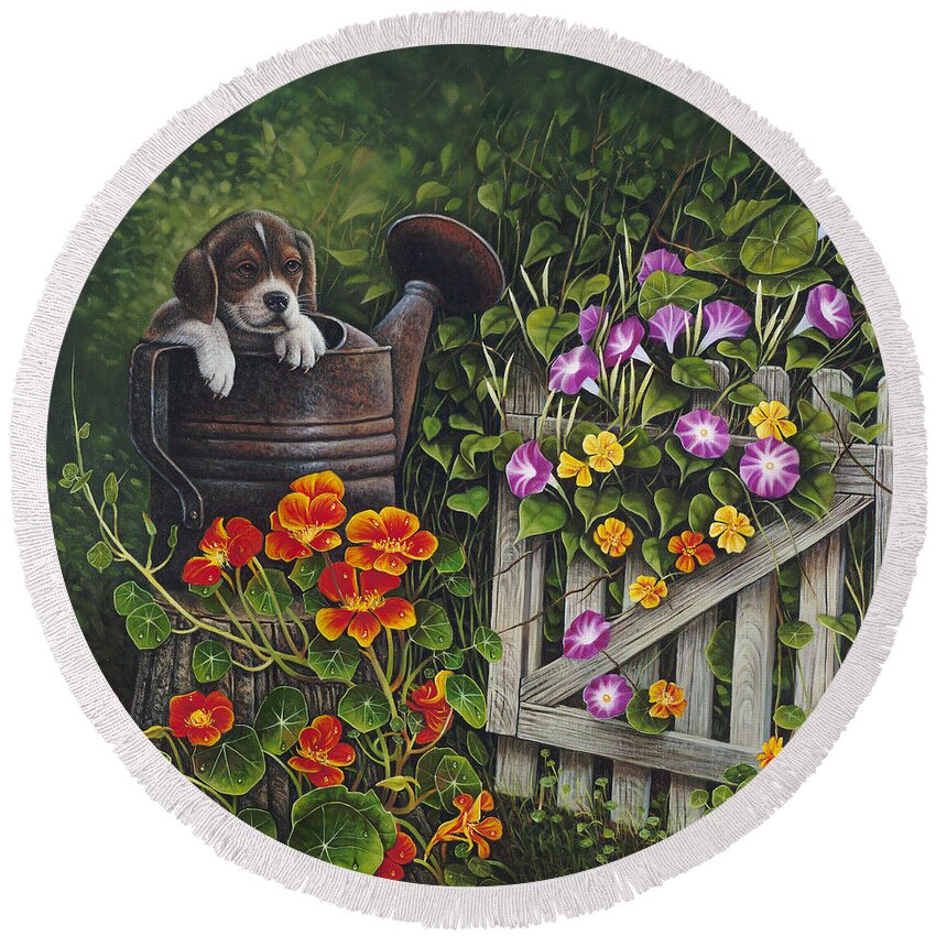 Puppy Round Beach Towel featuring the painting Snout N Spout by Ricardo Chavez-Mendez
