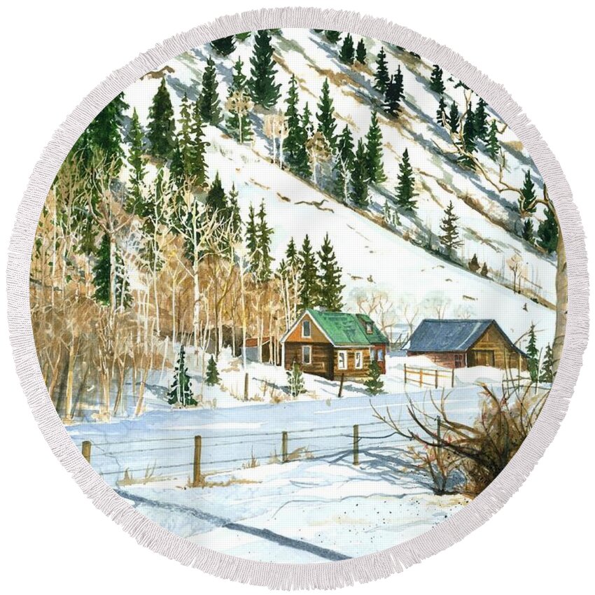 Water Color Paintings Round Beach Towel featuring the painting Snow Bound by Barbara Jewell