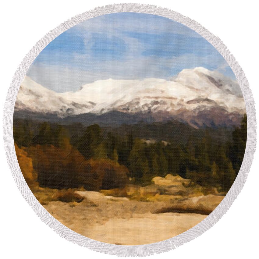 Snow Capped Mountains Paintings Round Beach Towel featuring the painting Snow Cap by David Millenheft