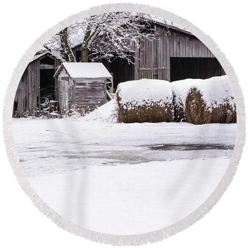 Farm Round Beach Towel featuring the photograph Snow Covered Farm by Holden The Moment