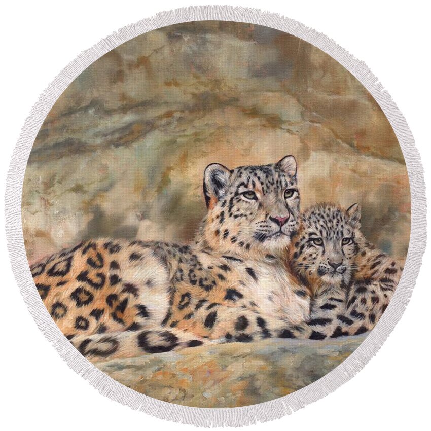 Snow.leopard Round Beach Towel featuring the painting Snow Leopards by David Stribbling