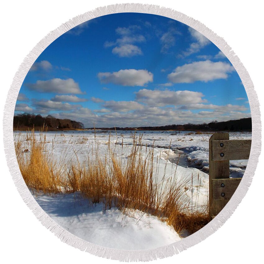 Snow Round Beach Towel featuring the photograph Snow Marsh by Dianne Cowen Cape Cod Photography