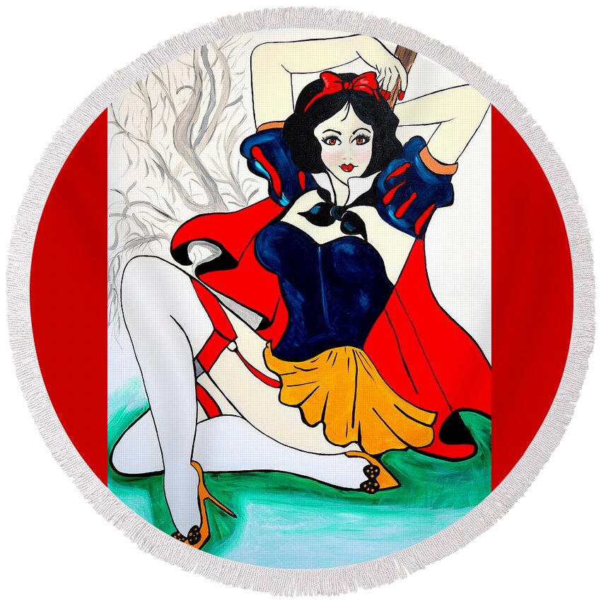 Snow White Round Beach Towel featuring the painting Snow White by Nora Shepley