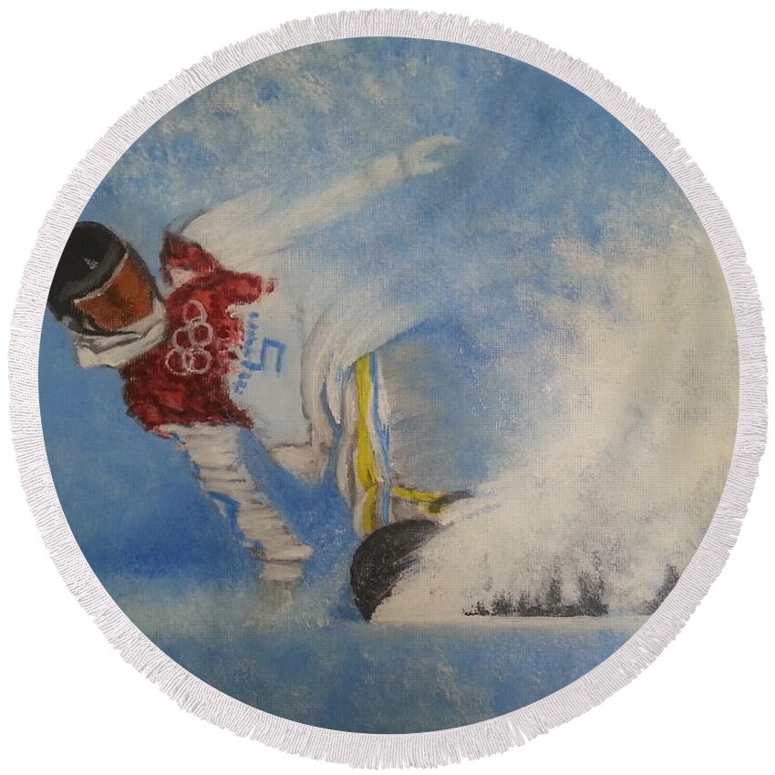 Snowboarder Round Beach Towel featuring the painting Snowboarder by Amelie Simmons
