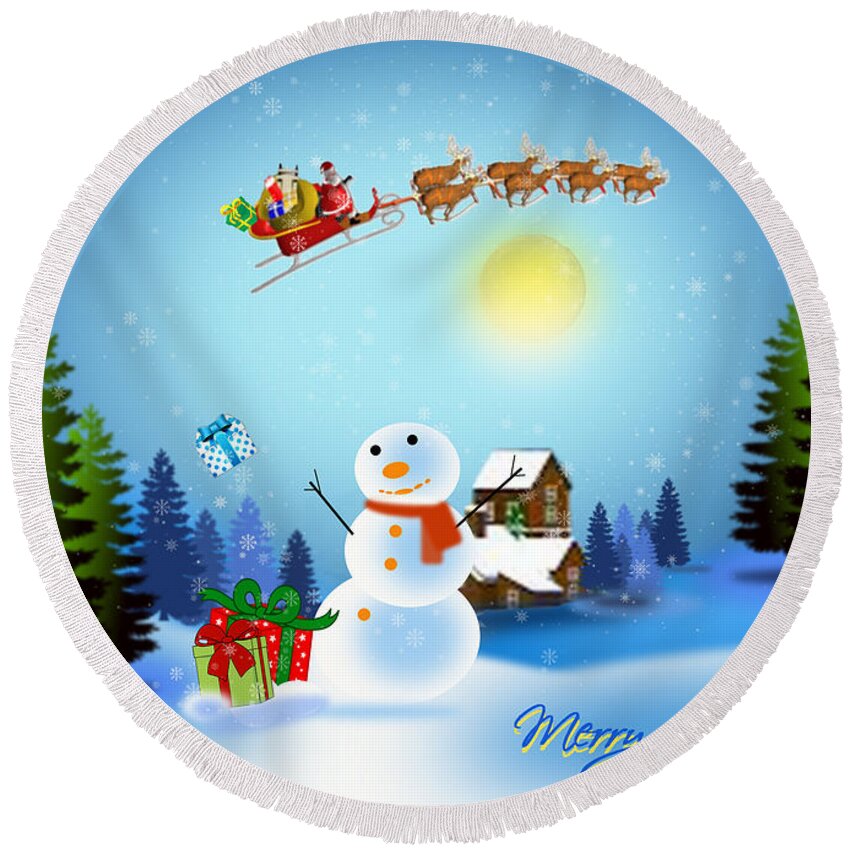 Christmas Round Beach Towel featuring the digital art Snowmen receive gifts too by Spikey Mouse Photography