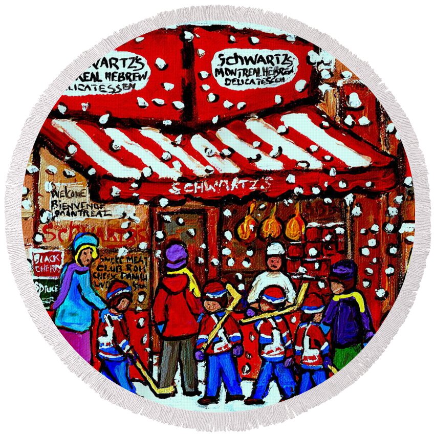 Montreal Round Beach Towel featuring the painting Snowy Day Montreal Paintings Schwarts Deli Smoked Meat After The Hockey Game Carole Spandau Art by Carole Spandau