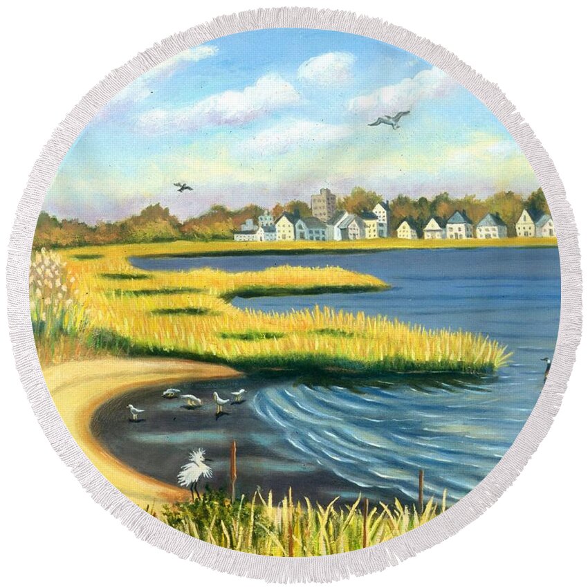 Snowy Egret Round Beach Towel featuring the painting Snowy Egrets in Gateway National Park by Madeline Lovallo
