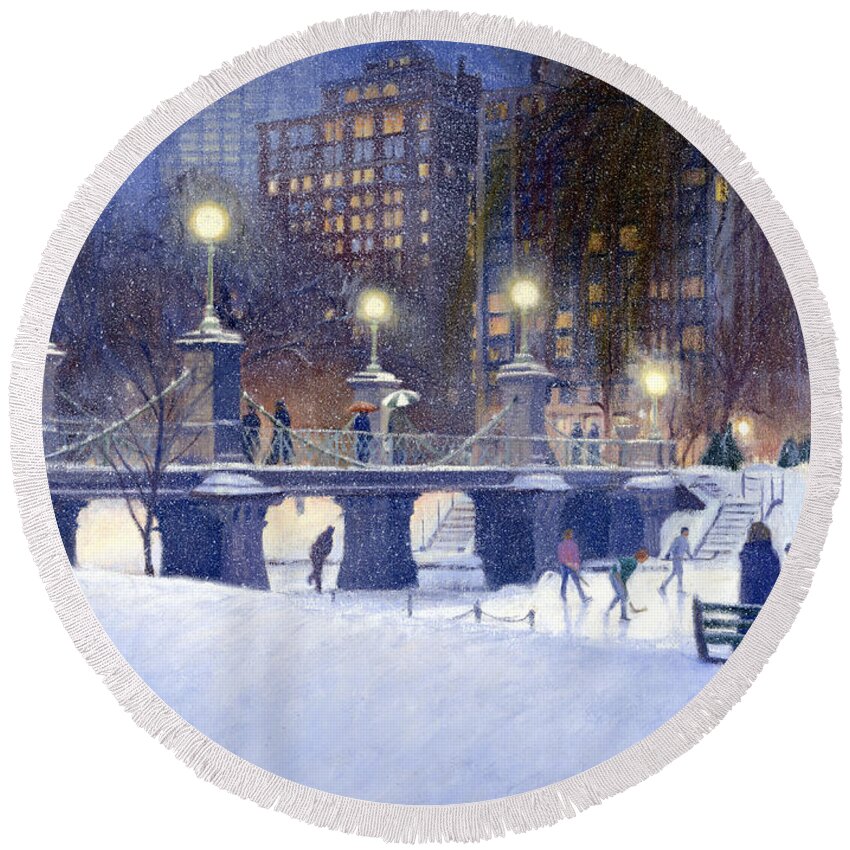 Boston Public Garden Round Beach Towel featuring the painting Snowy Garden by Candace Lovely
