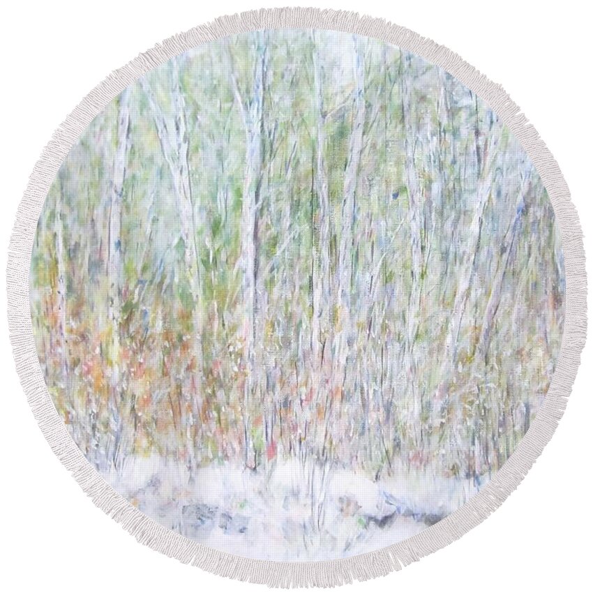 Landscape Round Beach Towel featuring the painting Snowy Landscape in New Hampshire by Glenda Crigger