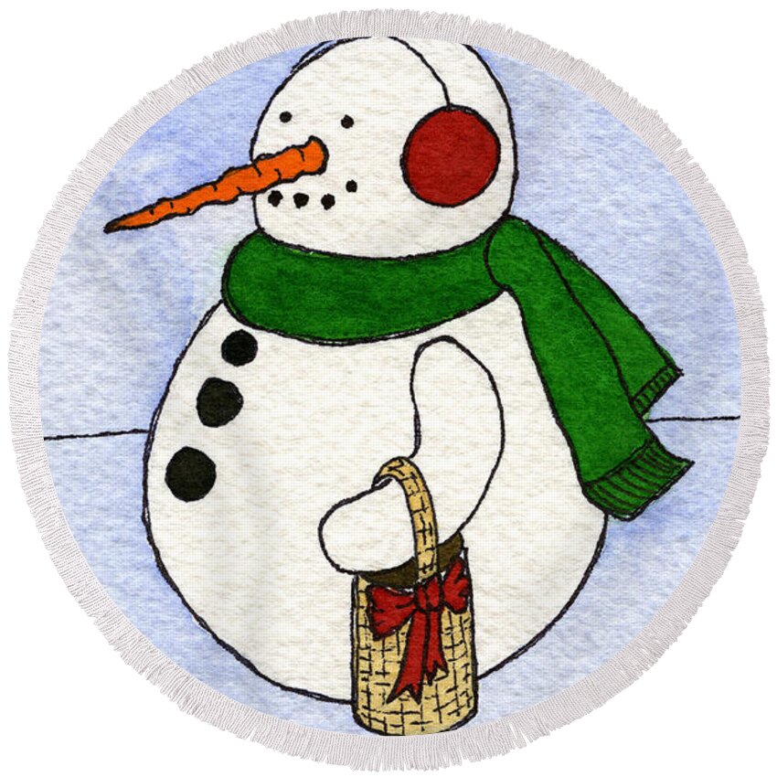 Snowman Print Round Beach Towel featuring the painting Snowy Man by Norma Appleton
