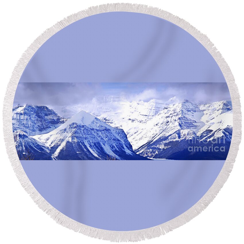 Mountain Round Beach Towel featuring the photograph Snowy mountains by Elena Elisseeva