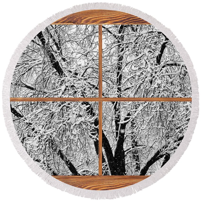 Windows Round Beach Towel featuring the photograph Snowy Tree Branches Barn Wood Picture Window Frame View by James BO Insogna
