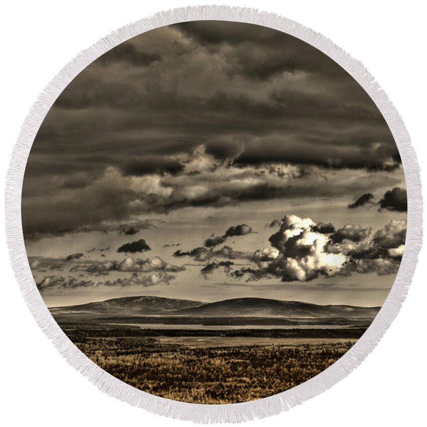 Hdr Round Beach Towel featuring the photograph So Close Yet So Far by Greg DeBeck