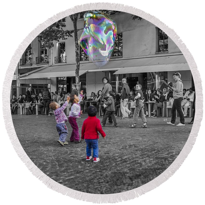 Monochrome Round Beach Towel featuring the digital art Soap bubble fun by Patricia Hofmeester