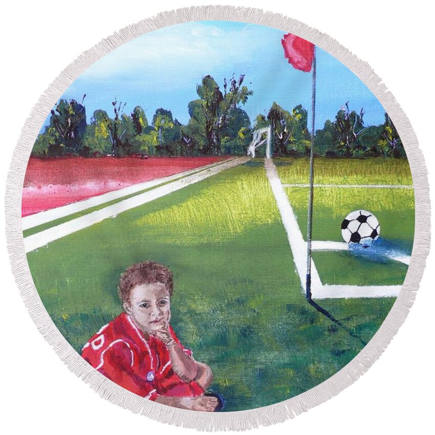 Soccer Round Beach Towel featuring the painting Soccer Field by Anna Ruzsan