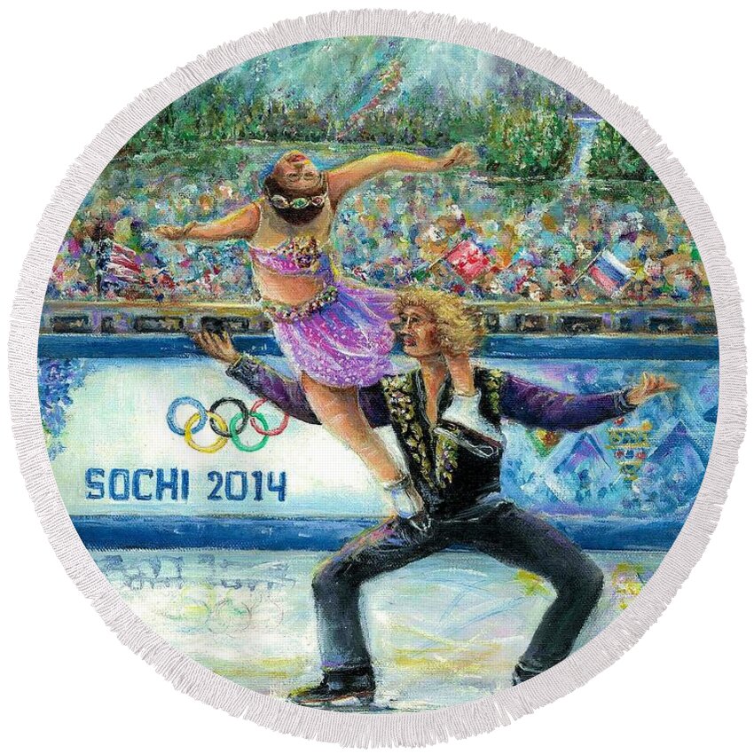 Sochi Round Beach Towel featuring the painting Sochi 2014 - Ice Dancing by Bernadette Krupa