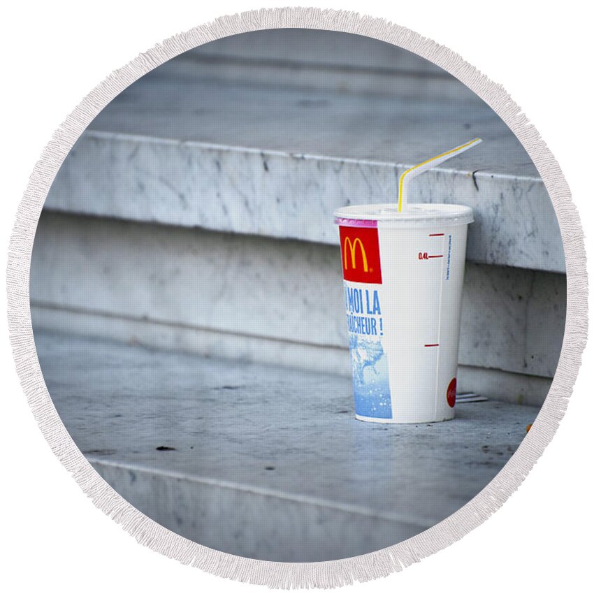 Mcdonalds Round Beach Towel featuring the photograph Soft Drink Container by Chevy Fleet
